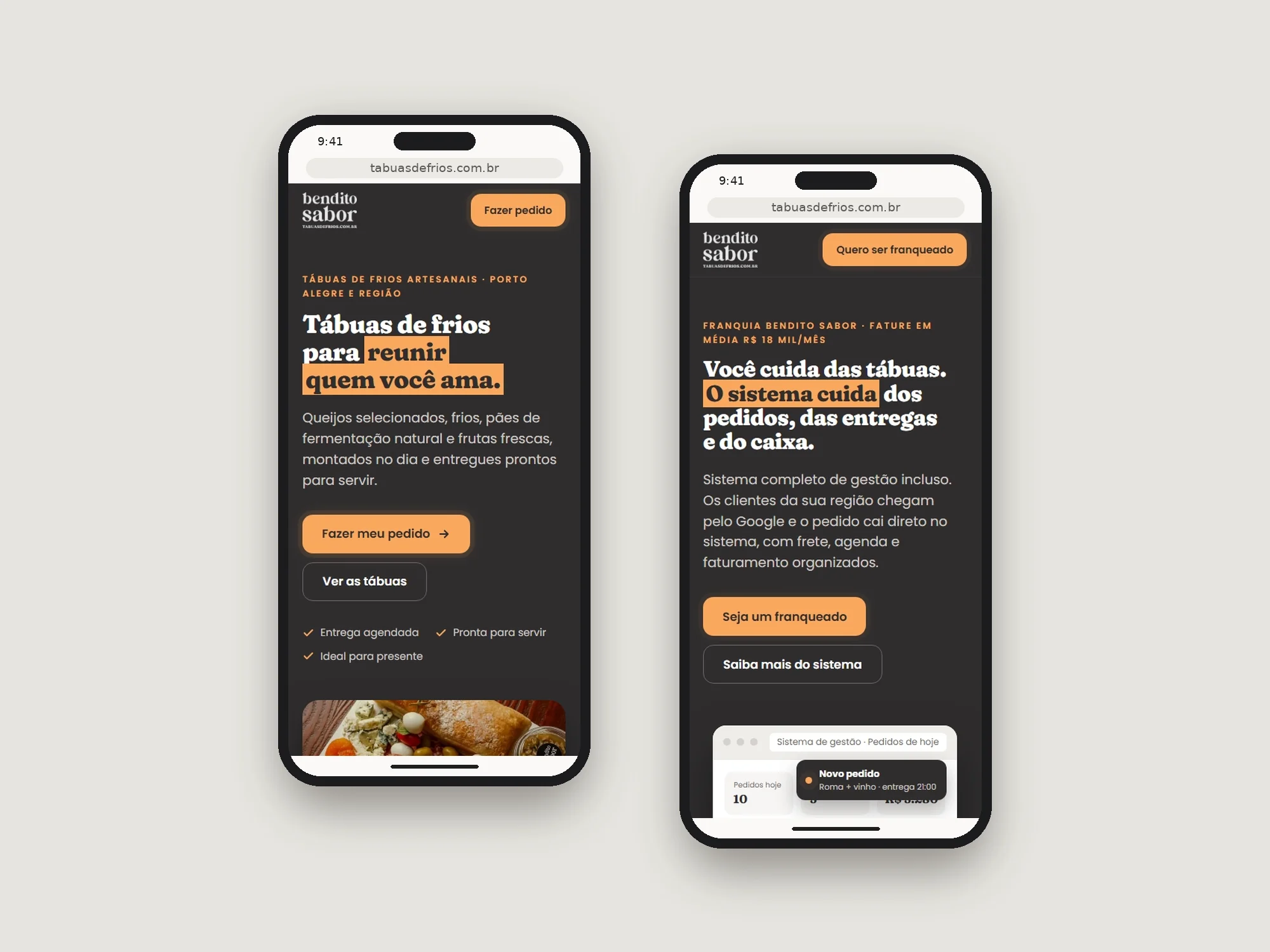 Site da Bendito Sabor e página de franquia no celular