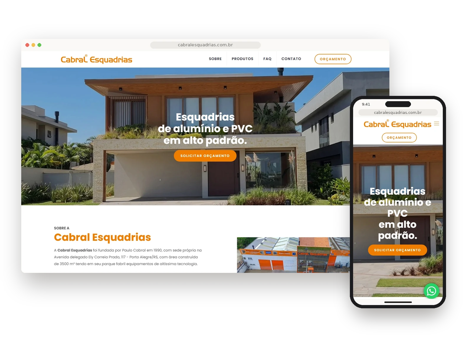 Cabral Esquadrias: landing page no navegador do computador e do celular