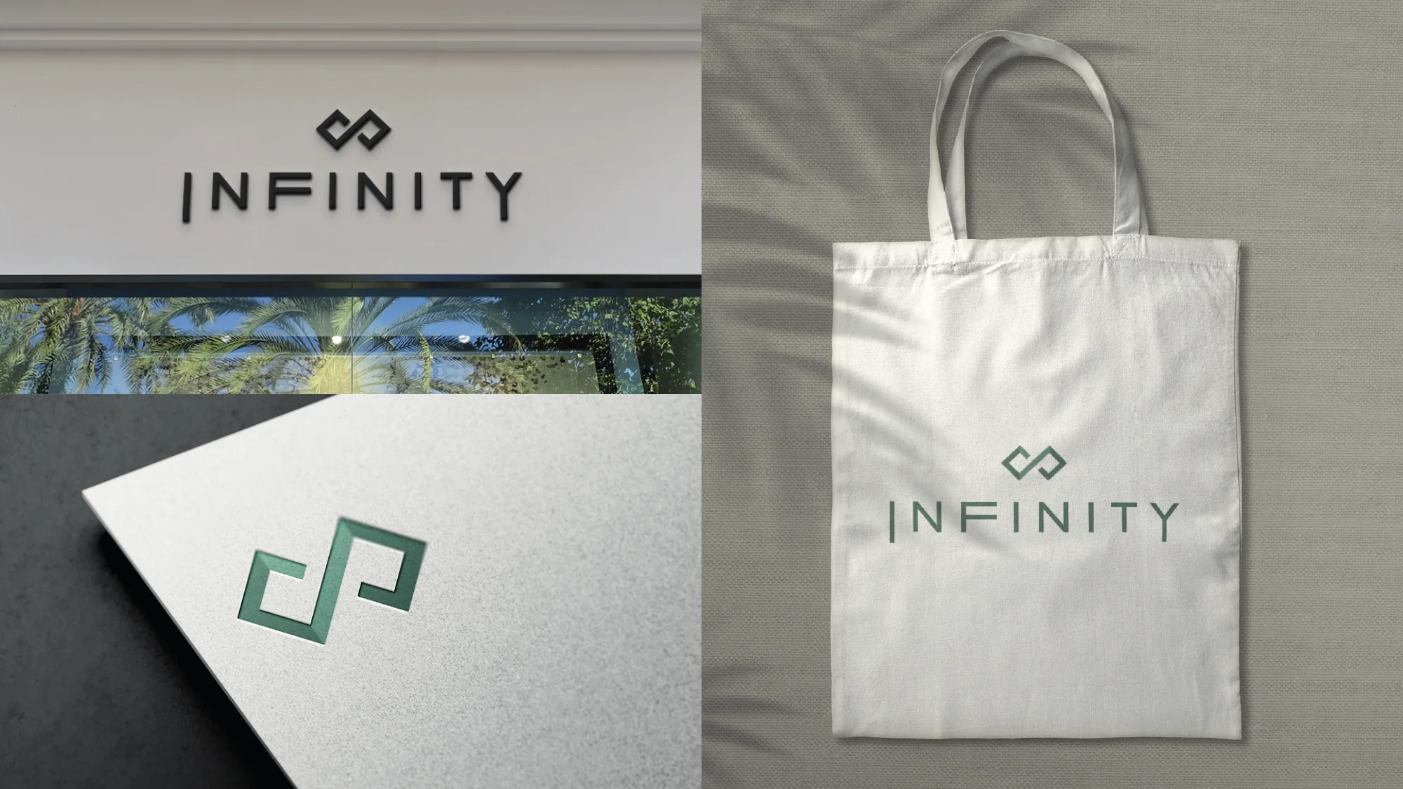 Identidade da Infinity aplicada em fachada, papel e ecobag