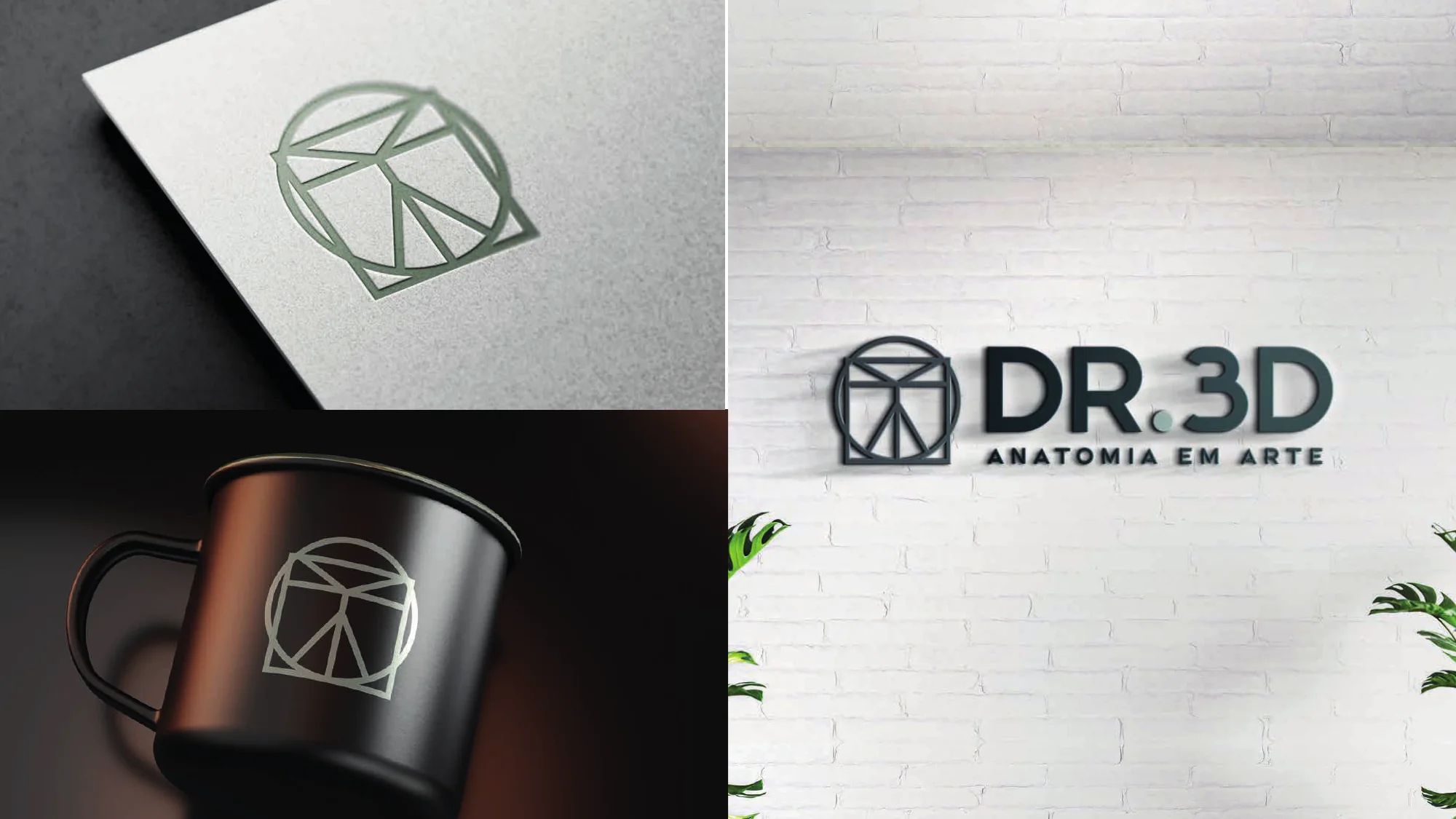 Identidade visual da Dr.3D aplicada em papel, caneca e parede