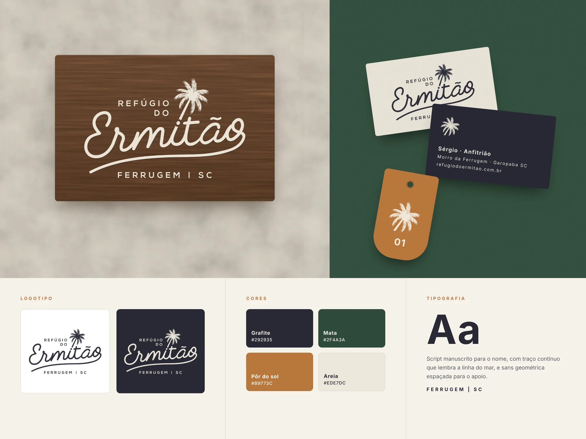 Identidade visual do Refúgio do Ermitão: placa em madeira, cartões, chaveiro, versões do logotipo, cores e tipografia