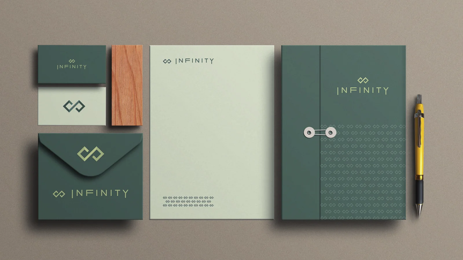 Infinity: papelaria com cartões, envelope, papel timbrado e pasta