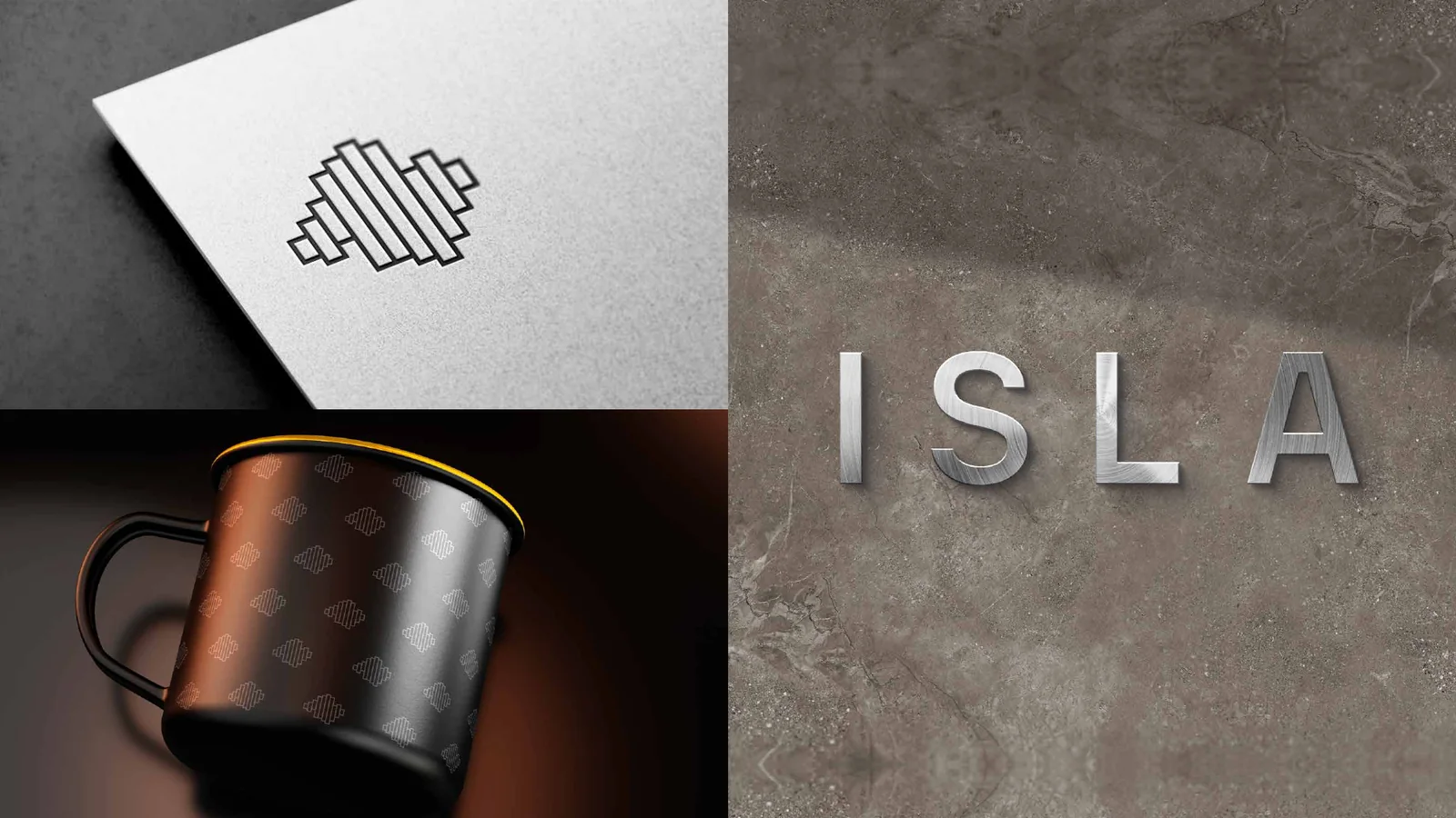 Isla: identidade visual aplicada em papel, caneca e parede