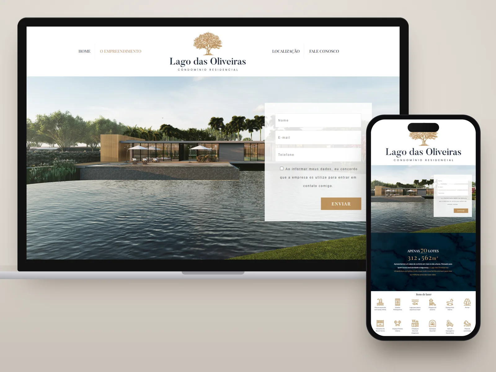 Lago das Oliveiras: landing page em notebook e celular
