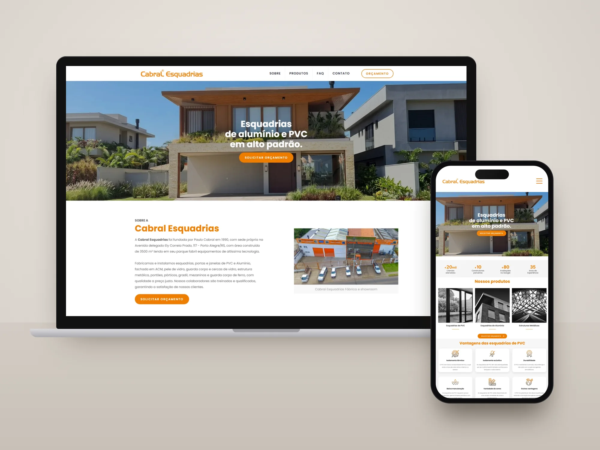 Landing page da Cabral Esquadrias em notebook e celular