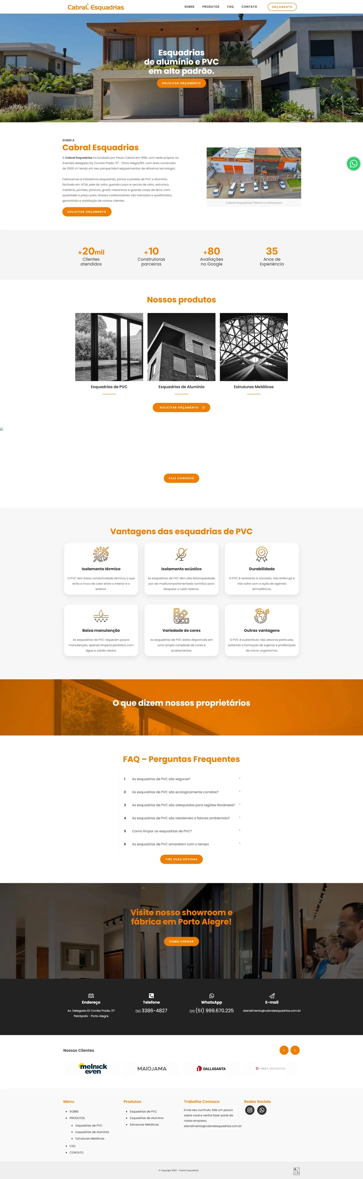 Landing page da Cabral Esquadrias, página completa