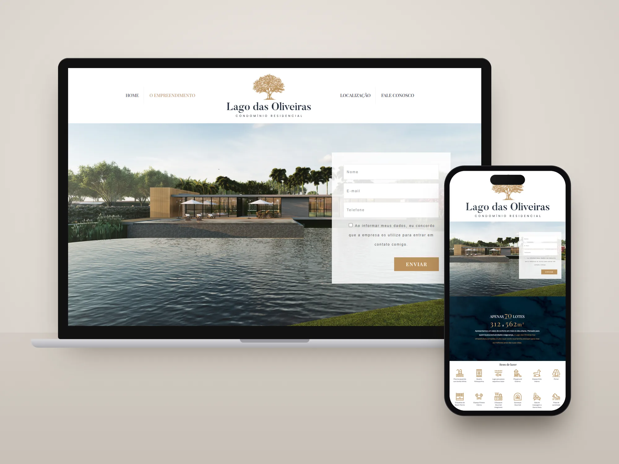 Landing page do Lago das Oliveiras em notebook e celular
