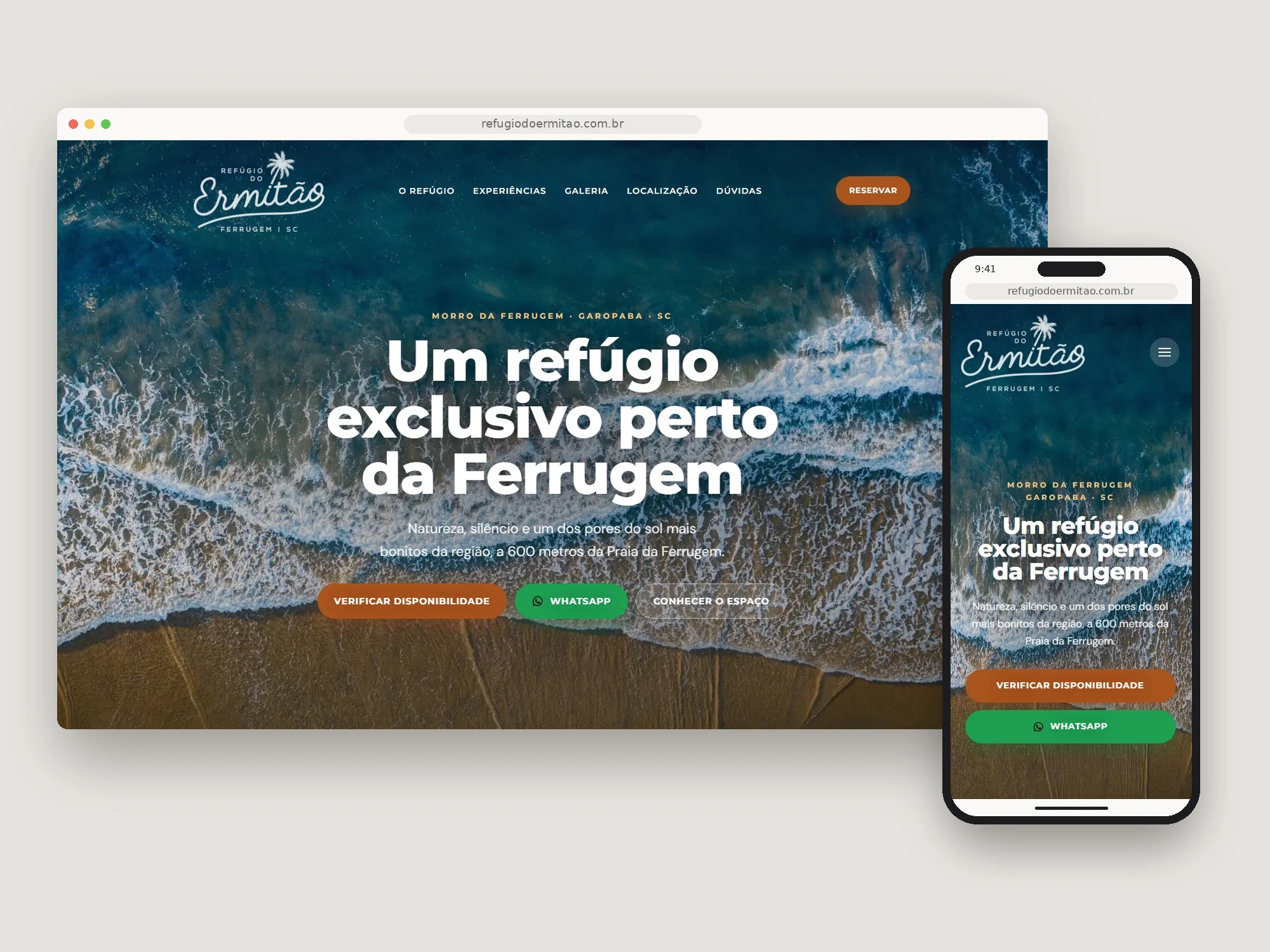 Landing page do Refúgio do Ermitão no navegador do computador e do celular