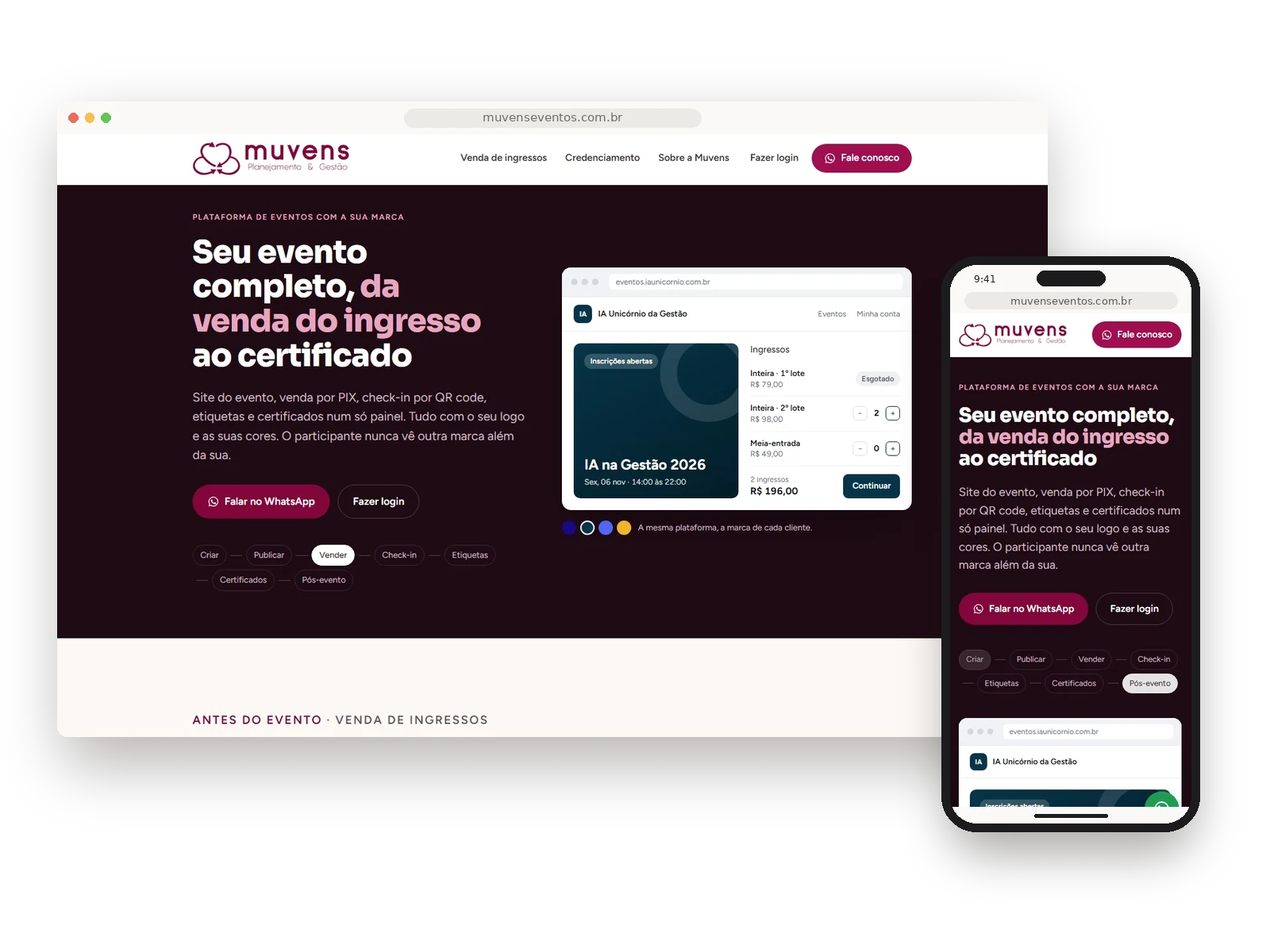 Muvens: landing page no navegador do computador e do celular