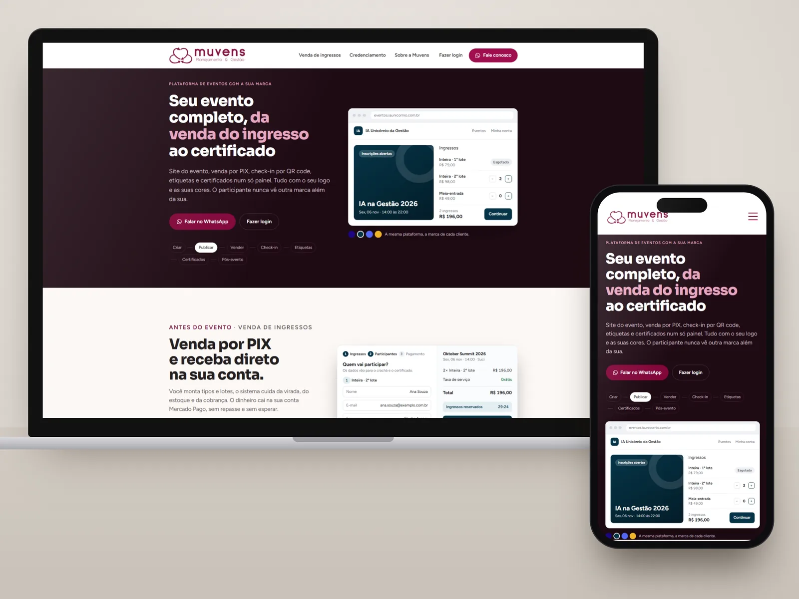 Muvens, plataforma de eventos da Storia: landing page em notebook e celular