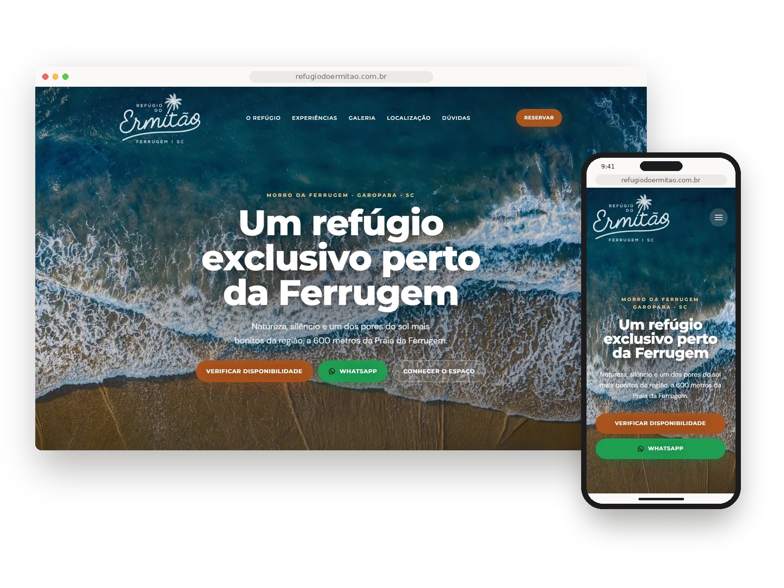 Refúgio do Ermitão: landing page no navegador do computador e do celular