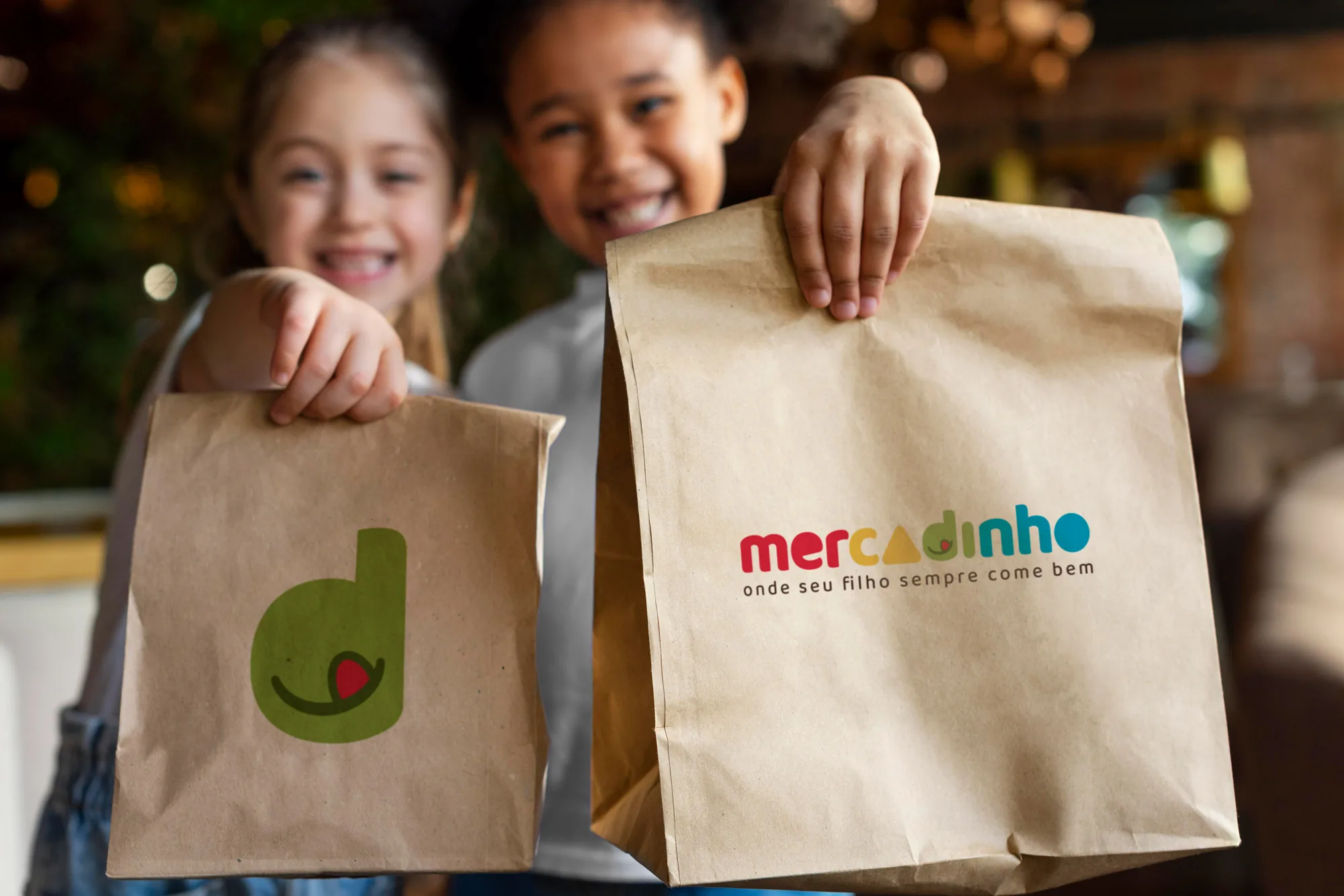 Sacolas kraft com a marca Mercadinho