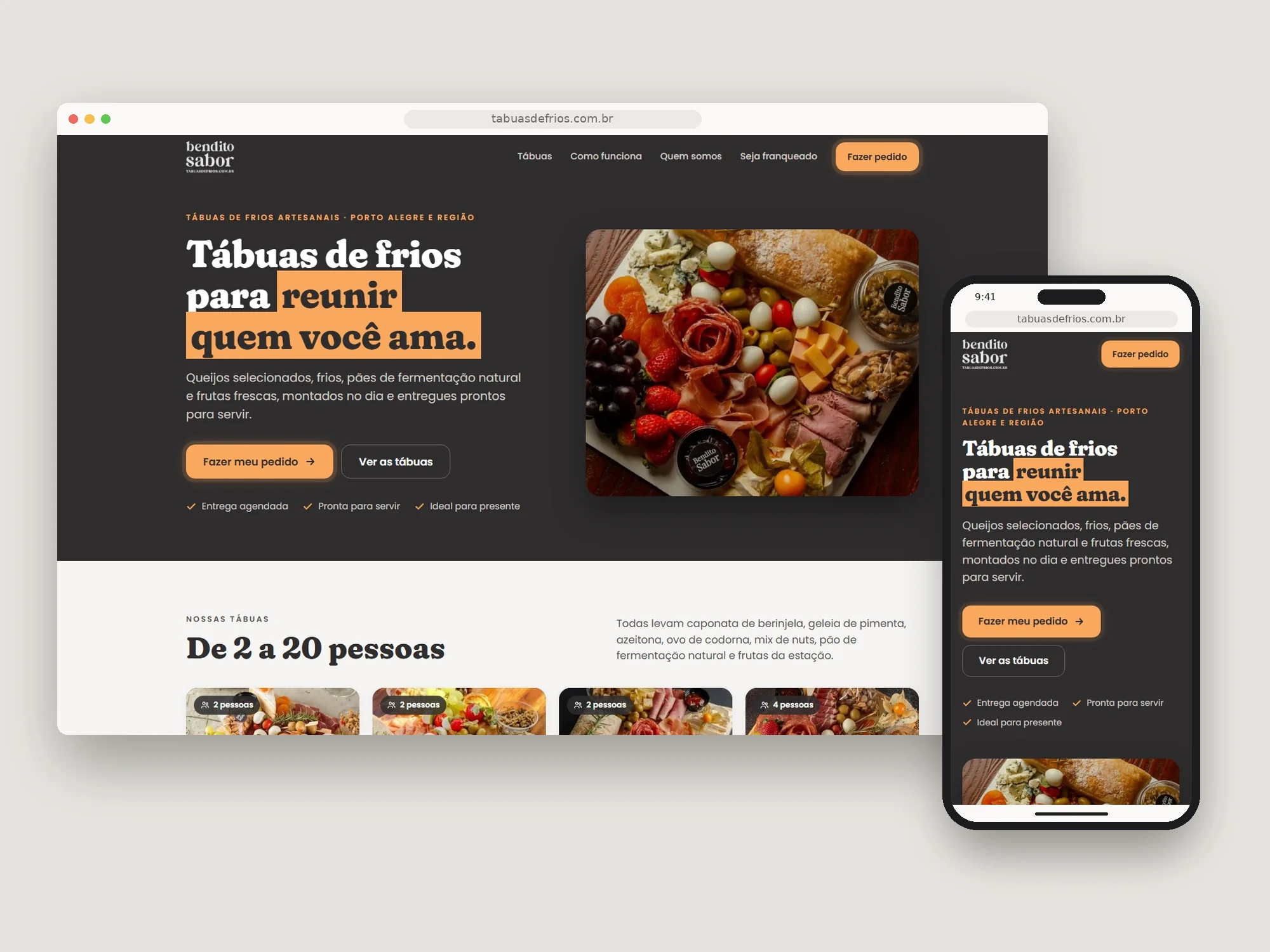 Site da Bendito Sabor no navegador do computador e do celular
