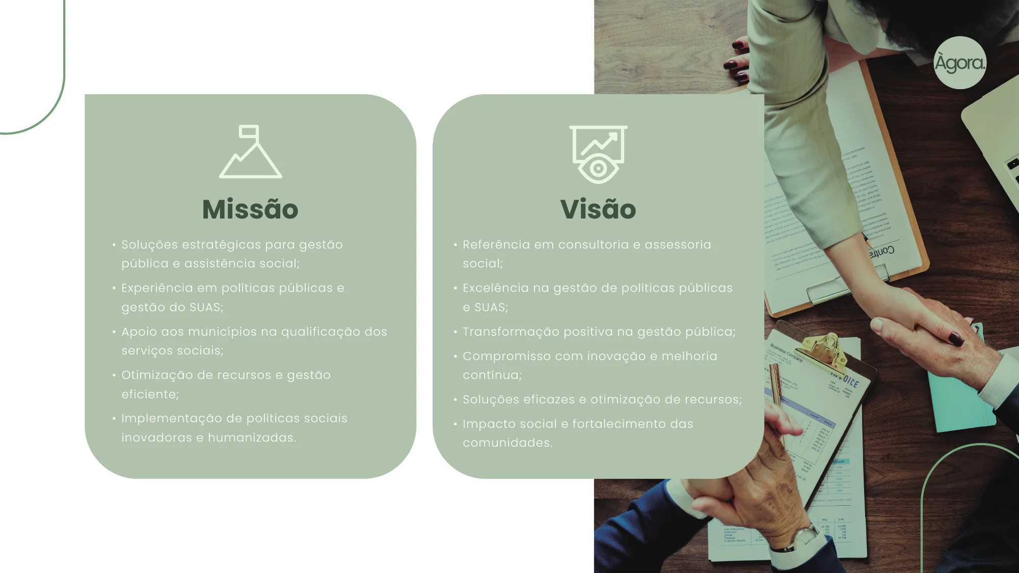 Slide de missão e visão da Ágora